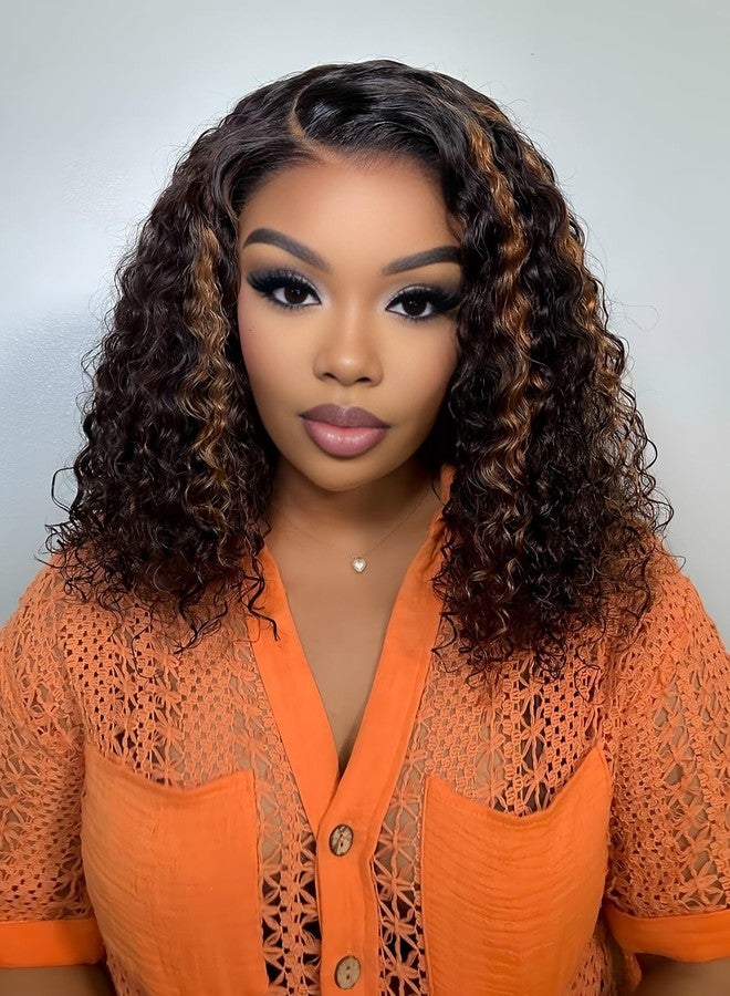 ISEE Hair Highlight Glueless Bob Wigs Human Hair Pre Plucked Pre Cut 2/30 Honey Blonde Curly Human Hair Wig for Black Women Ombre Water Wave 5x7 HD Lace Closure Wigs with Elastic Band 12 Inch - Image 1